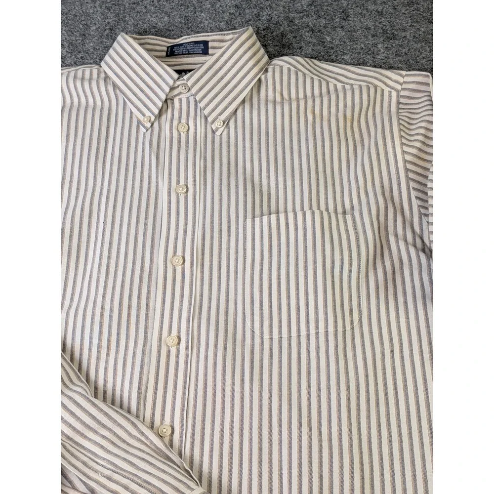 Stafford Mens 17 36/37 Striped Oxford Button Down Shirt Blue Tan Wrinkle Free
